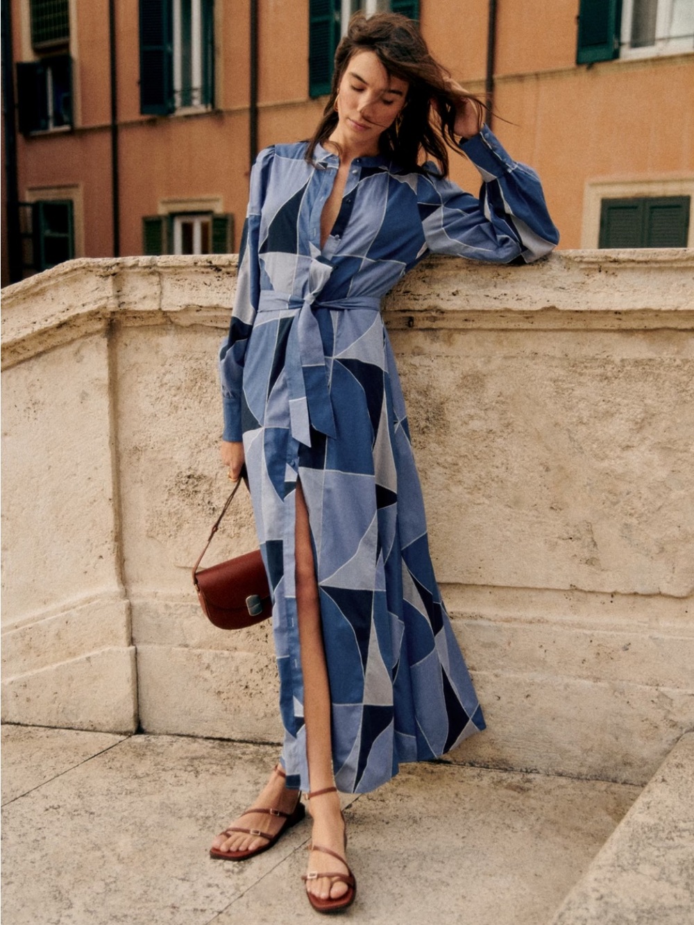 Sezane Selma Maxi Dress Blue Patchwork